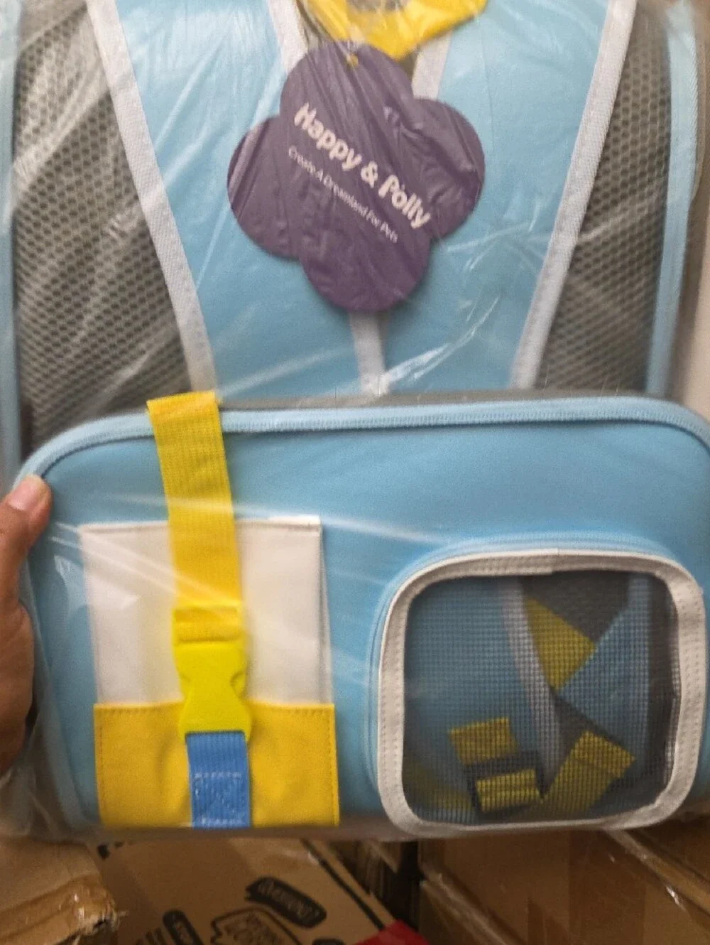 Light Blue Cat Carrier Backpack with Yellow Accents and Clear Window